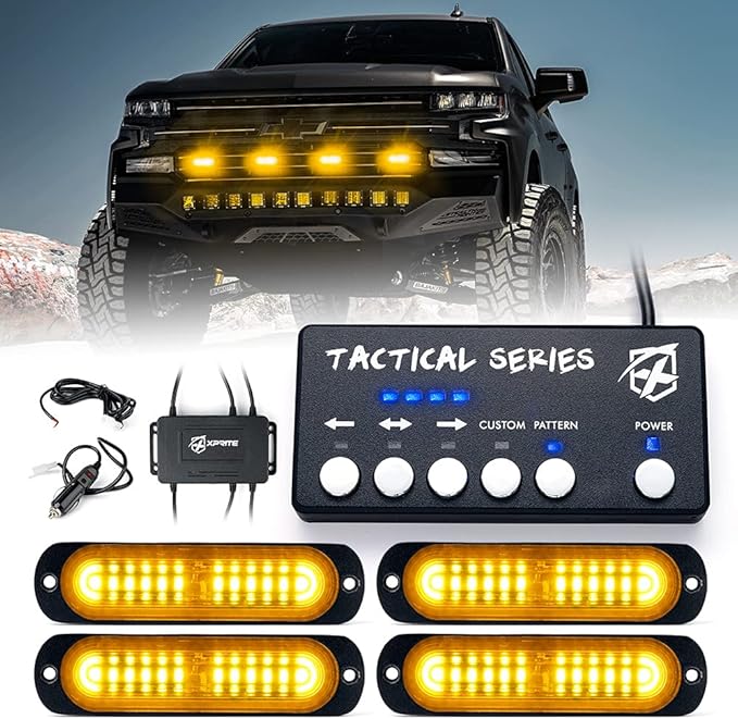 Xprite Amber LED Surface Mount Strobe Lights Kit, Grill Grille Side Marker Light Flashing Emergency Warning Light Assemblies w/Control Box for Trucks Vehicles ATV RV Cars Van - 4PCS