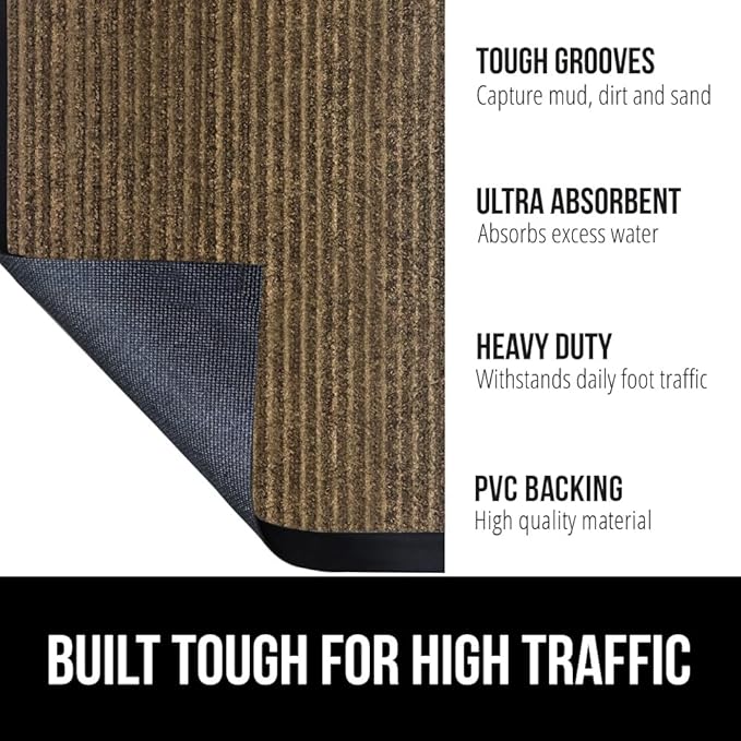 GORILLA GRIP Waterproof Traffic Guard Door Mat, 35x23, Heavy Duty Entryway Mats, Strong Rubber Back Commercial Utility Rugs for Office Hallway, Garage Floor and Home, Low Profile Carpet Runner, Brown