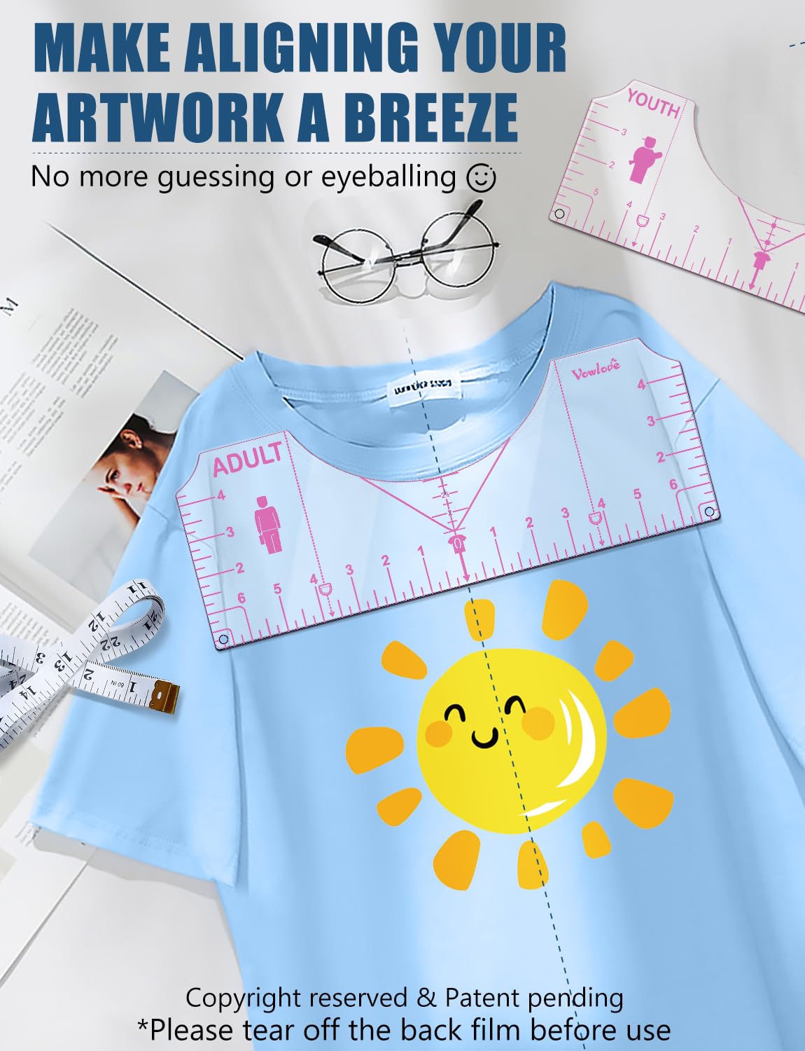 Vowlove Tshirt Ruler Guide for Cricut Heat Press, Shirt Measurement Tool Vinyl Alignment Placement Center Design DTF Template Left Pocket Logo, Sublimation Accessories Iron on HTV Heat Transfer Vinyl