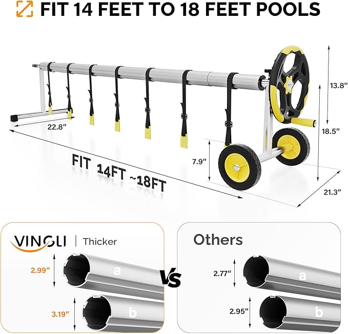 VINGLI Pool Cover Reel Set Pool Solar Cover Reel for Inground Swimming Pool, Aluminum Solar Swimming Inground Cover Blanket Reel (Upgrade) (18 Feet)