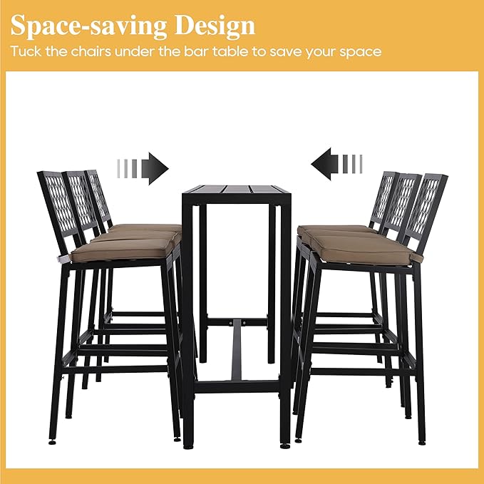 Outdoor Patio Bar Set, Bar Height Patio Dining Set, Weather-Resistant Bistro Counter Pub Set with Cushions & Slatted Tabletop for Backyard, Garden, Yard (63" Table, 6 "X Style Stool, Black)