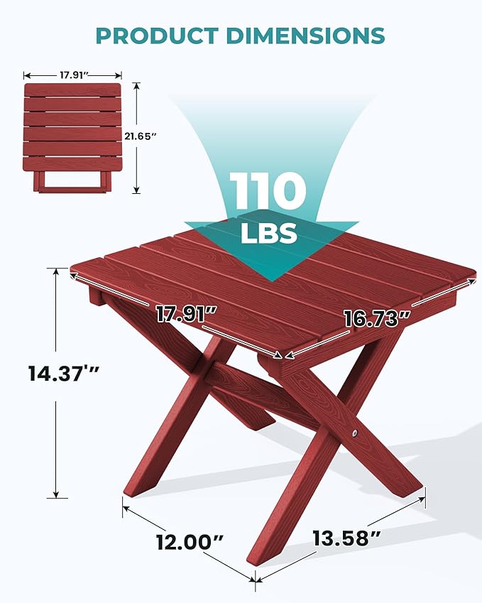 SERWALL Folding Outdoor Side Table Set of 2, Portable Adirondack Side Table, Red