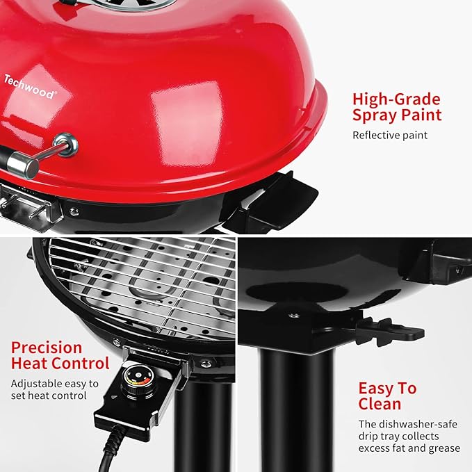 Electric BBQ Grill Techwood 15-Serving Indoor/Outdoor Electric Grill for Indoor & Outdoor Use, Double Layer Design, Portable Removable Stand Grill, 1600W (Stand Red BBQ Grills)