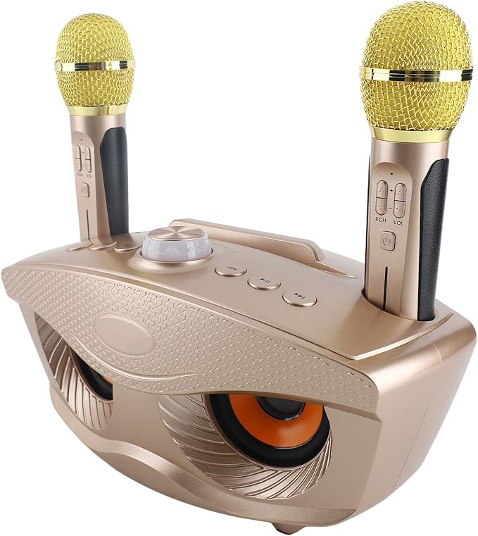 Speaker, KTV Karaoke Speaker with 2 Microphones for Home Party, 3000mAh Battery 10M Wireless Connection AUX Input USB Support (Gold)