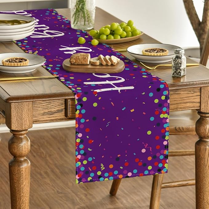 Artoid Mode Polka Dot Purple Happy Birthday Table Runner, Seasonal Kitchen Dining Table Decoration for Home Party Decor 13x72 Inch