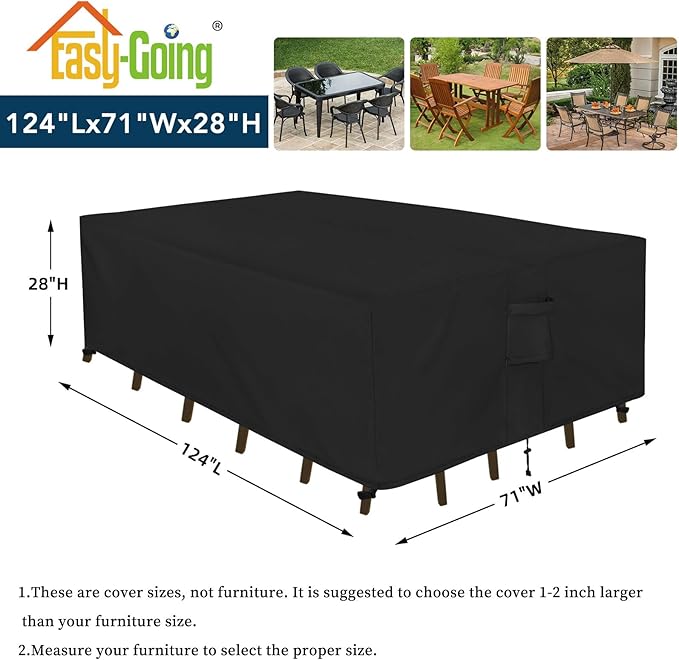 Easy-Going Rectangle Patio Furniture Cover Waterproof Outdoor Dining Table and Chair Cover Anti-UV Outside Sectional Sofa Set Covers (124"L x 71"W x 28"H, Black)
