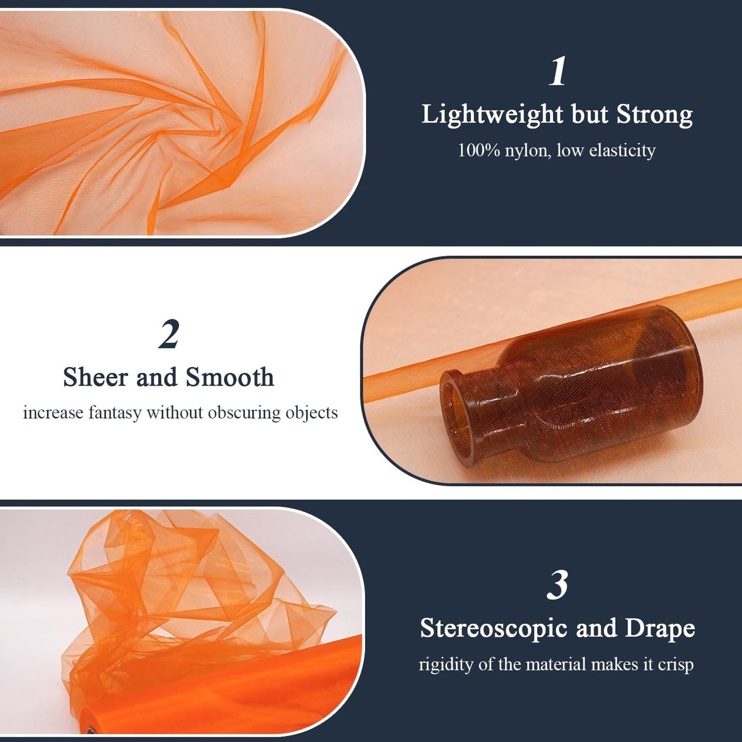 Orange Organza Tulle Fabric Rolls, Crystal Organza 12" by 50 Yards (150 ft) Sheer Nylon Silky Shiny Netting Spool Bolt for DIY Craft Table Runner Wedding Baby Shower Party Decor (Orange)