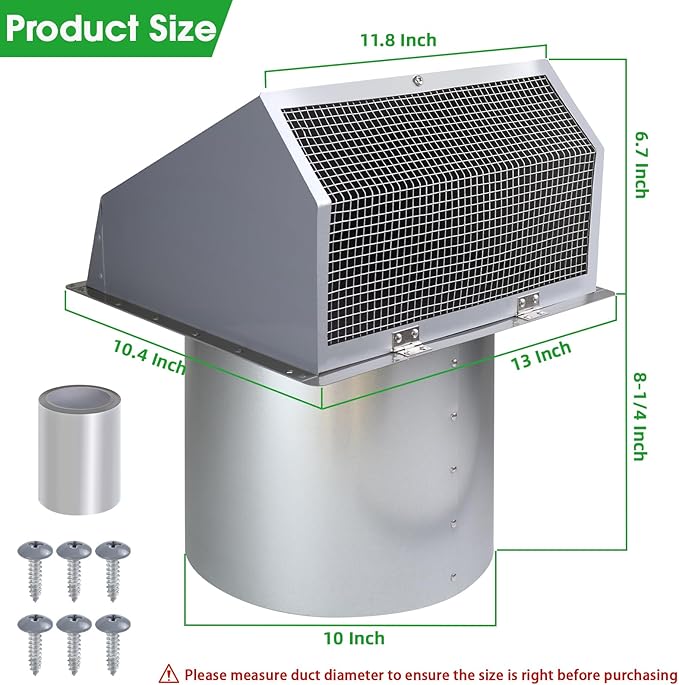 10 Inch Hooded Wall Vent Exhaust with Screen and Damper,Outdoor Wall Exhaust Vent Cover Cap for Kitchen Range Hood Outside Exterior Dryer Ventilation,Galvanized Steel,Gray