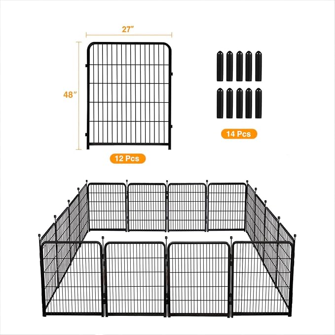 Doorless Dog Digging Fence Barrier,48in(H) 12 Panels Total 26.6 Ft(L), Black Metal Fencing for Yard 4ft Tall, Dog Fence Outdoor for Yard, Fencing for Garden Beds, Garden Fences Border