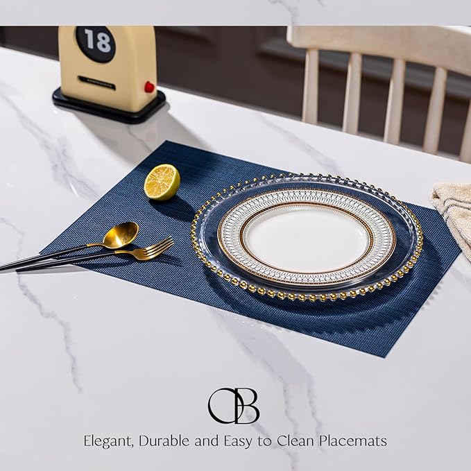 Placemats Set of 12 - Easy Clean Woven Vinyl Placemats for Dining Table, Indoor/Outdoor Place Mats, Washable PVC Table Mats（Navy Blue）