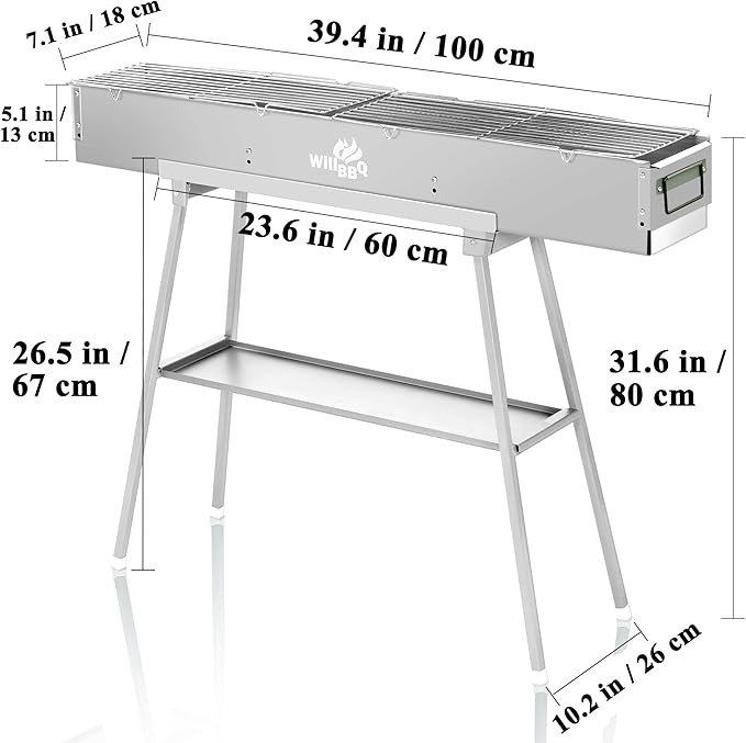 WILLBBQ Charcoal Grills Commercial Quality Portable Hibachi BBQ Lamb Skewer Folded Camping Barbecue Grill for Backyard Outdoor Cooking Use(39.4x7.1x5.1 inch) - The Perfect Gifts for Grill Lovers