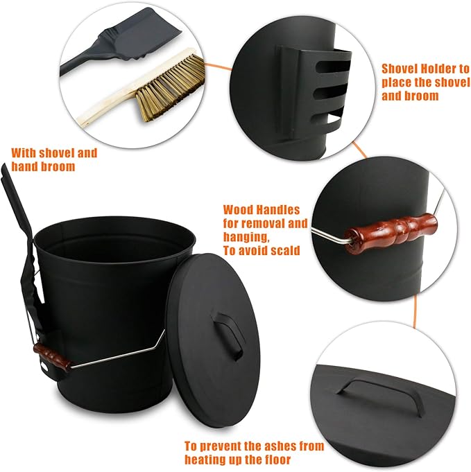 Grisun Ash Bucket with Lid, Shovel and Hand Broom, 5.2 Gallon Coal Bucket for Fireplace, Charcoal Wood Fire Pits, Burning Stoves, Large Pail Pellet Metal Buckets Ash Can, for Indoor and Outdoor