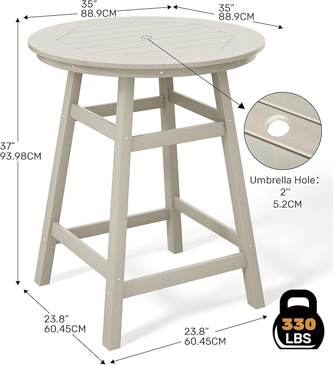 Costaelm Patio Bistro Table, 37" Counter Height Round Patio Cocktail Bar Table with Umbrella Hole, Outdoor Bistro Dining Pub Table for Front Porch Deck Backyard Garden, Sand