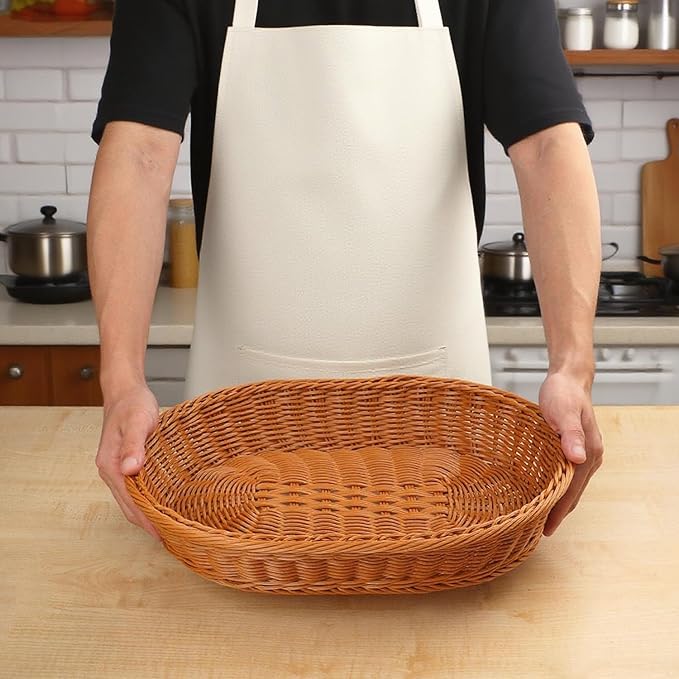 4 Pack 15.7 Inch Oval Poly Wicker Baskets, Plastic Oval Wicker Baskets, Rustic, Durable & Easy-Cleaning Wicker Bread Basket, for Home, Restaurant & Hotel Use, Brown