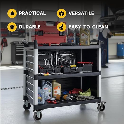 NorthSky Select Dual-Handle Utility Service Cart, 3 Shelves, 440 lb. Capacity -Black Plastic Shelves, Lockable Swivel Casters - Suitable for Hospital, Lab, Hotel, Office Transport & Organizing