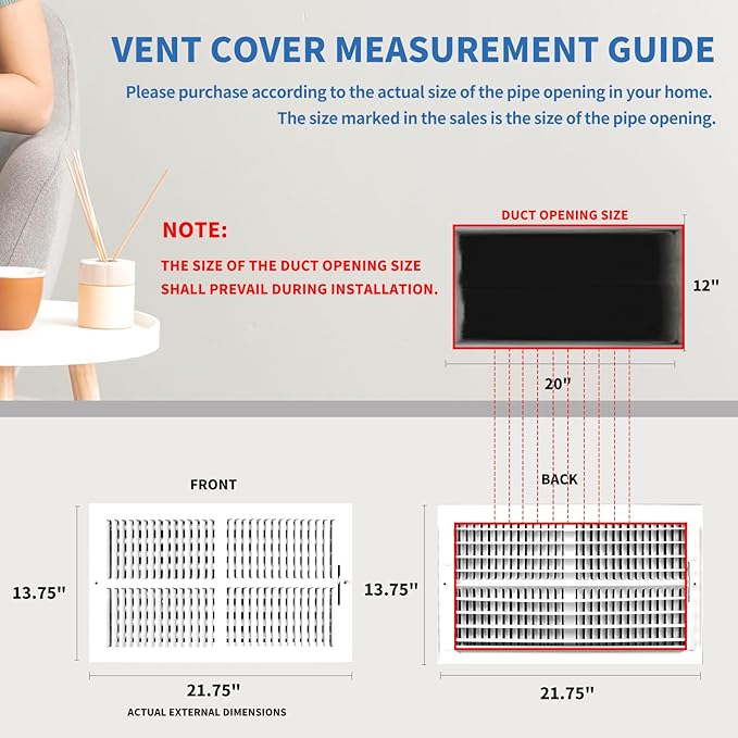 20x12 Vent Register [Duct Opening], Vent Covers for Home Ceiling, Two-Way Ventilation Register, Adjustable Solid Steel Wall Register Vent Cover (20"W x12"H [Duct Opening])