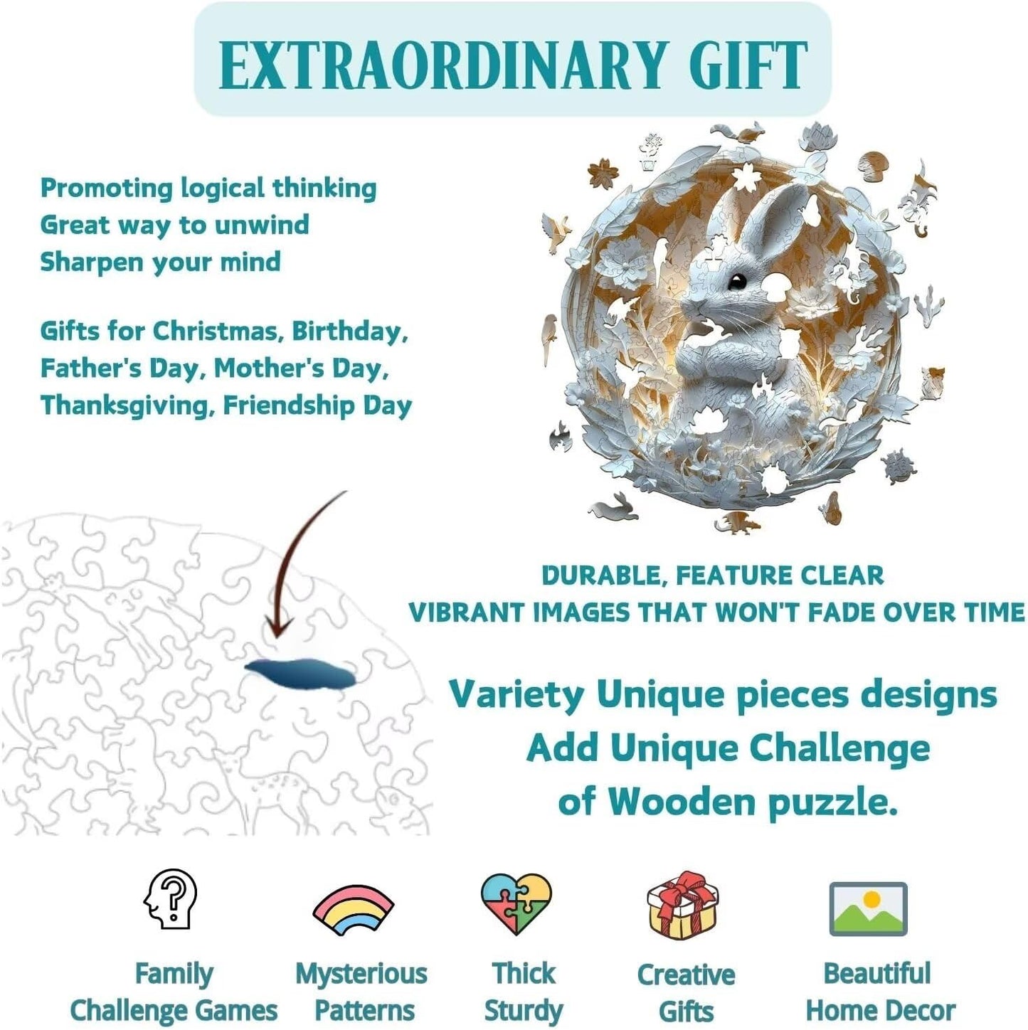 Wooden Puzzles Adults, 3D Paper Rabbit Puzzles 290 Pieces, Unique Animal Shaped Wood Challenging Jigsaw Christmas Puzzles Gifts for Adults, 13.4x13.1in