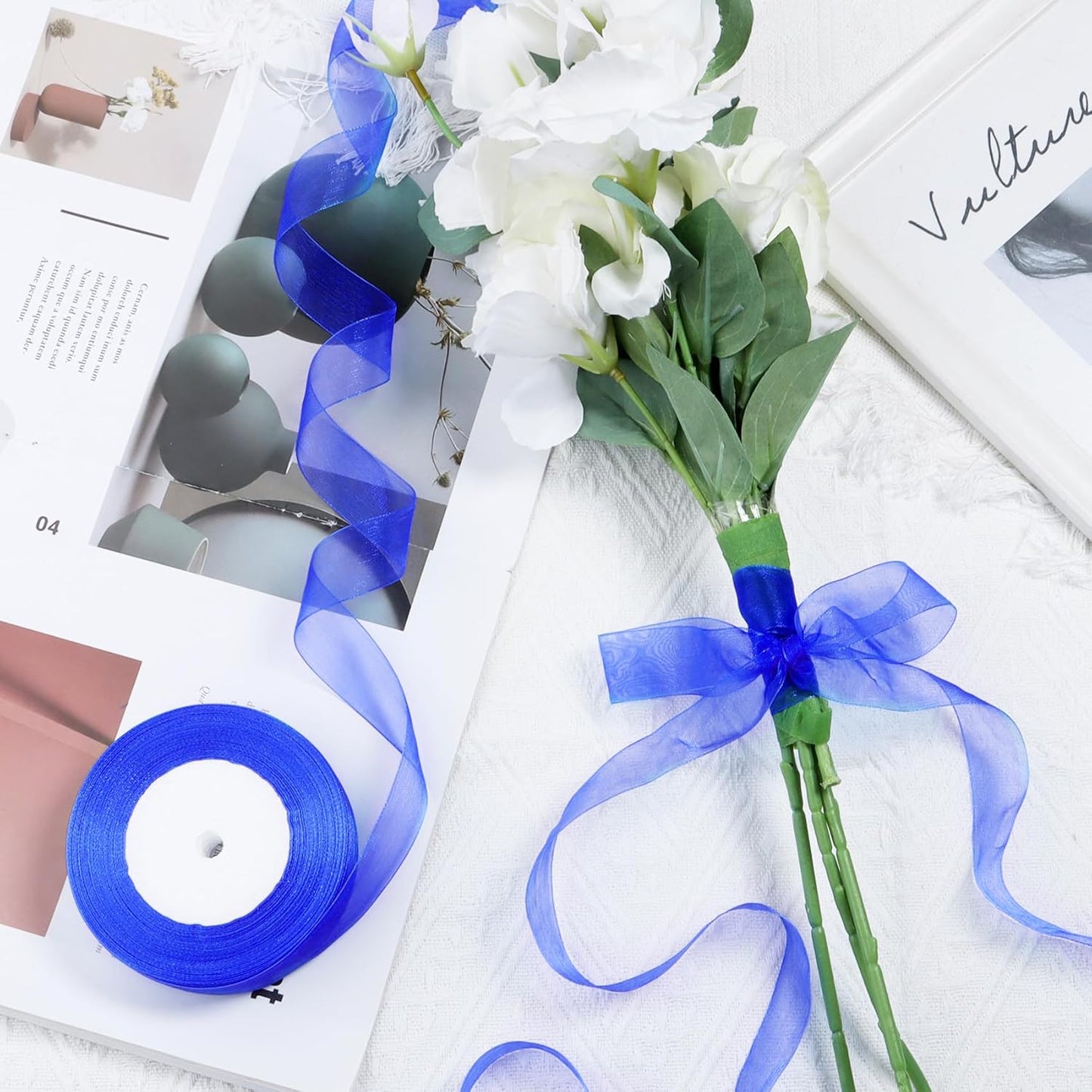 Ribbon for Gift Wrapping 3/4 inch Royal Blue Sheer Organza Ribbon for Flower Bouquet Tulle Thin Chiffon Ribbons for Wedding Invitations Christmas Halloween Presents Decorations Crafts 50 Yards