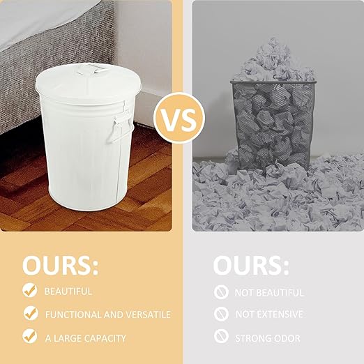 Wakauto Round Trash Can with Lid 8L Kitchen Waste Container Metal Recycling Bin for Bedroom Outdoor Office Home Use Beige