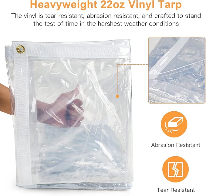 8 x 8FT Outdoor Clear Tarp Curtain Waterproof Wind-Proof 24 Mil Transparent Vinyl Tarp for Patio Pergola Garden Canopy Rainproof Anti-Tear PVC Thick Cover with Grommets