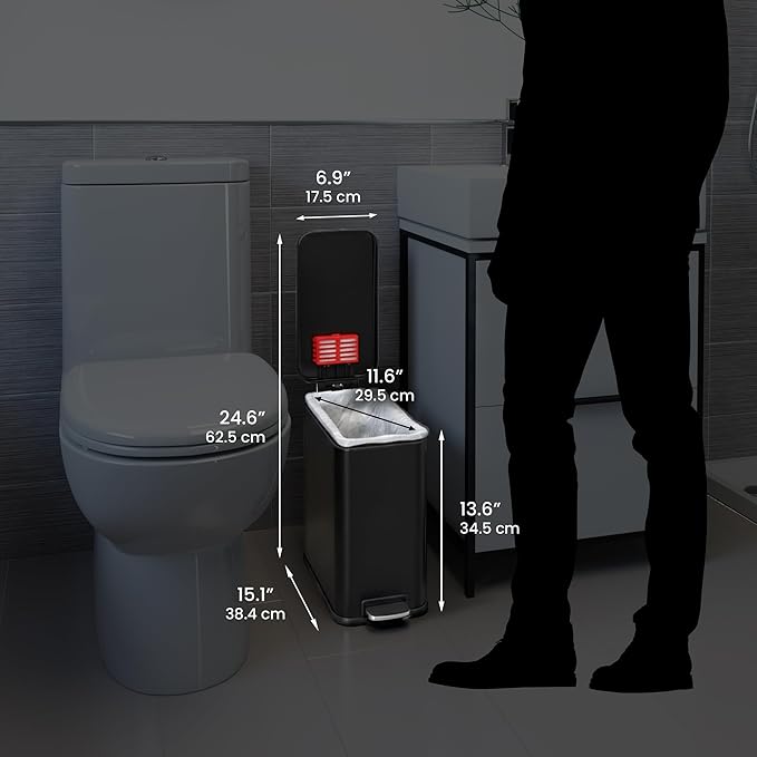 iTouchless SoftStep 3 Gallon (11.4L) Slim Bathroom Trash Can with Lid, Matte Black Stainless Steel Fingerprint-Proof, Silent Soft-Close Pedal, AbsorbX Odor Filter, Removable Bucket Dorm Bedroom Office