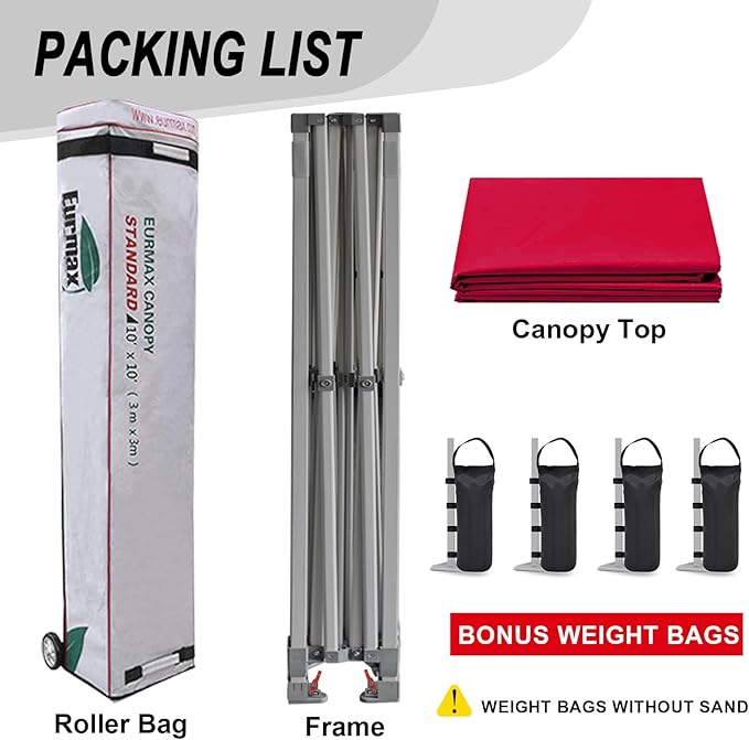 Eurmax USA Standard 10x10ft Patio Pop Up Canopy Tent for Outdoor Events Commercial Instant Canopies with Heavy Duty Roller Bag,Bonus 4 Canopy Sand Bags (Red)