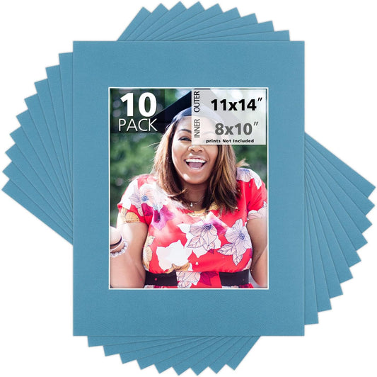 Mat Board Center, Pack of 10, 11x14 for 8x10 Dynamic Blue Color Mats - Acid Free, 4-ply Thickness, White Core - for Pictures, Photos, Framing