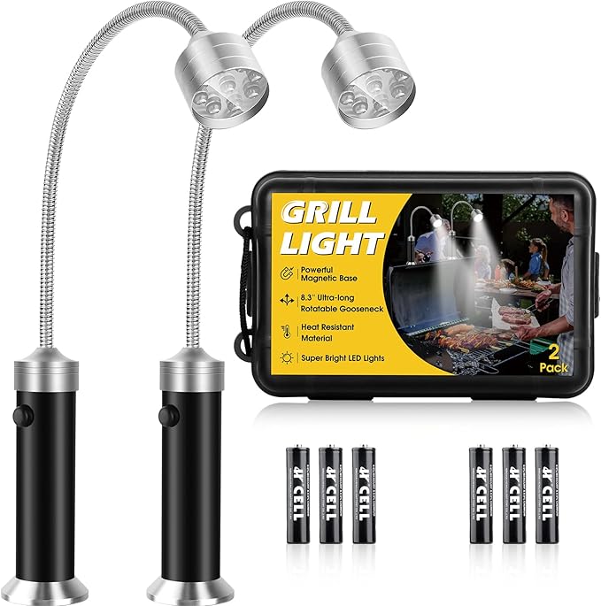 Barbecue Grill Lights, Grilling Gifts for Men Dad, BBQ Grill Accessories for Outdoor, Grill Lamps with Magnetic Base, Super Bright LED, 360 Degree Flexible Gooseneck, Stocking Stuffers, Pack of 2
