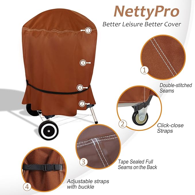 NettyPro Grill Cover for Charcoal Kettle Grill 22 inch, Heavy Duty Waterproof Outdoor Round Smoker Cover, 27" W x 25" D x 35" H, Brown