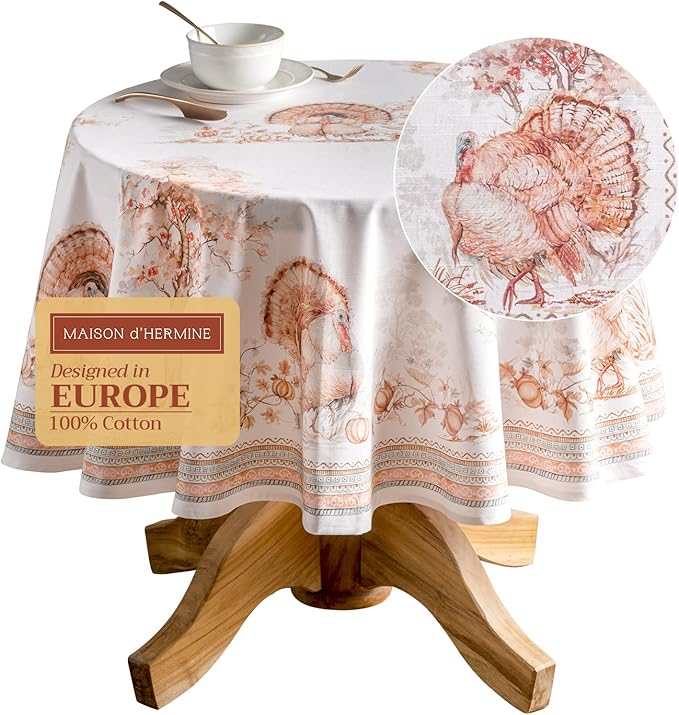 Maison d' Hermine Table Cloth Round Table 100% Cotton 69 Inches Fall Tablecloth Reusable Everyday Use for Thanksgiving Christmas Decorations Dining Farmhouse Party (Giving Thanks)