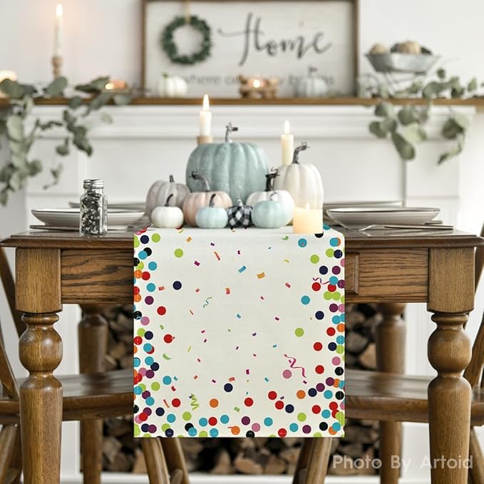 Artoid Mode Polka Dot Beige Happy Birthday Table Runner, Seasonal Kitchen Dining Table Decoration for Home Party Decor 13x48 Inch