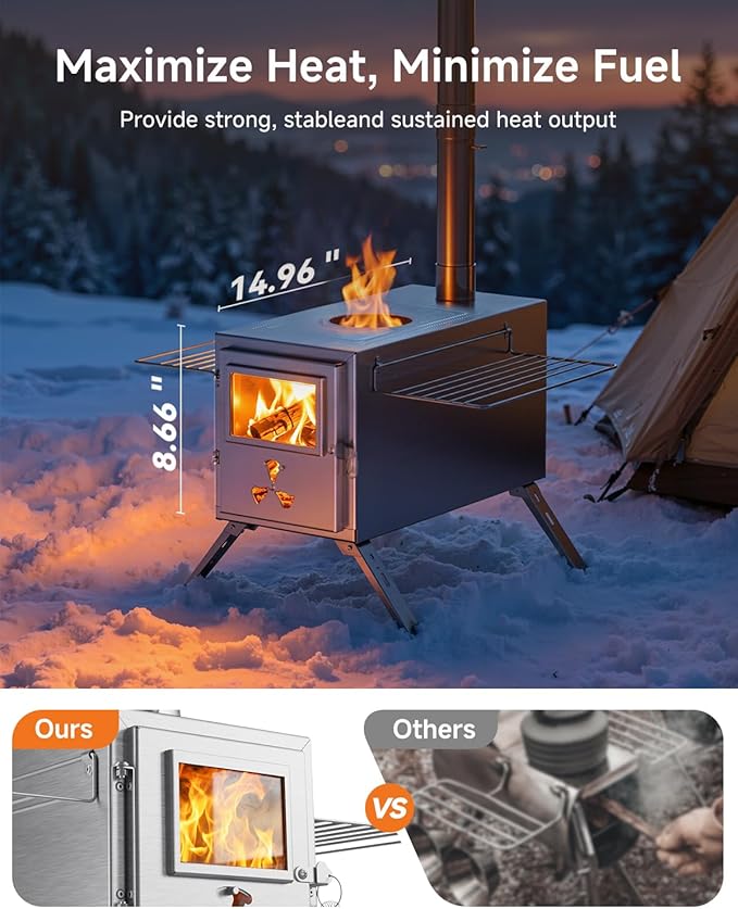 Hot Tent Wood Stove, Portable Wood Burning Stove with 7 Stainless Chimney Pipes, Camping Wood Stove for Outdoor Heating, Cooking, Ice Fishing, Hunting