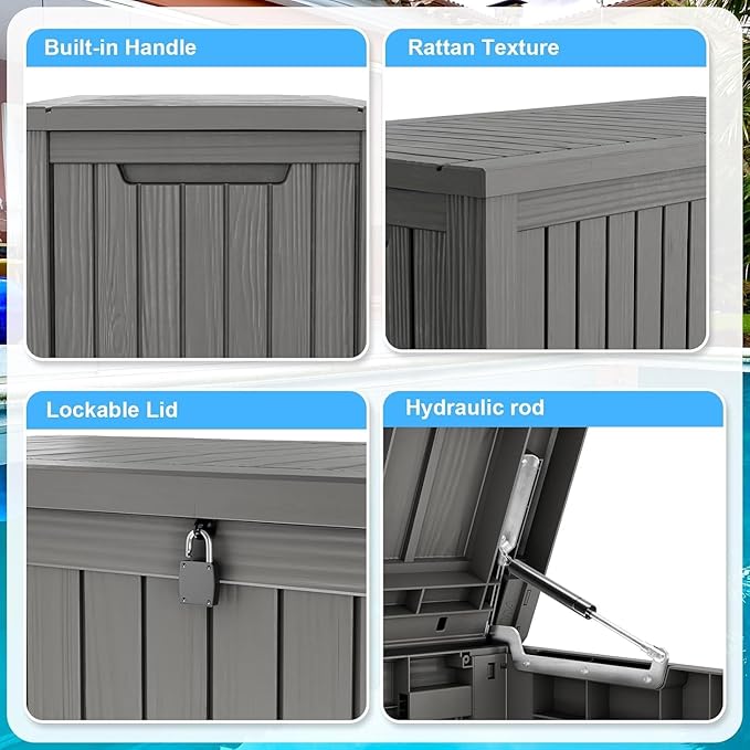 200 Gallon Resin Deck Box, Waterproof Outdoor Storage Box for Patio Furniture, Garden Tools, and Pool Accessories, Lockable UV-Resistant Storage Bin Bench Cabinet for Outside, Grey