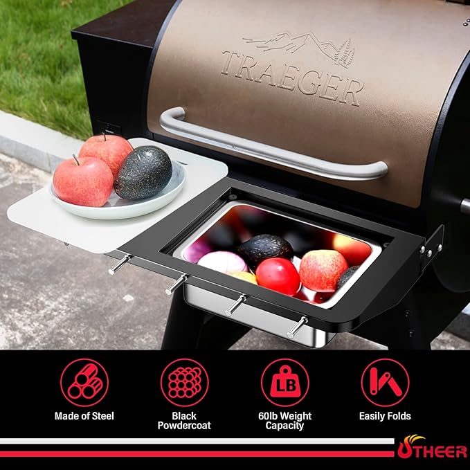 Upgraded Folding Front Shelf Accessories for Traeger Pro 22, Pro 575, Ironwood 650, BAC362, All-in-One Grill Table with Works Cutting Board,Basin,5 Hooks, Steel Grill Accessory for Food Prep & Storage
