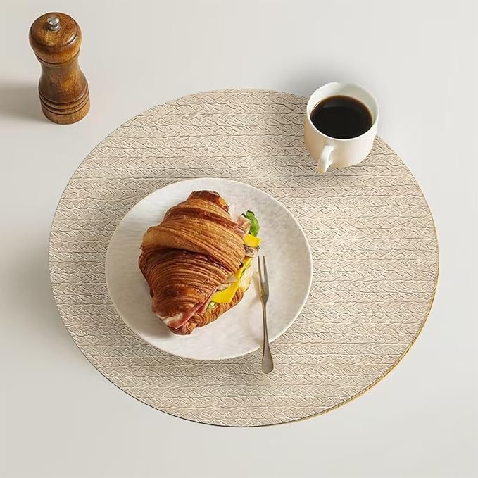 PIGCHCY Round 15" Water-Resistant Placemats Set of 6, Premium Faux Leather Placemats PVC Easy Clean Table Mats for Hotels Outdoor Dining, Wedding Decor (Cream)