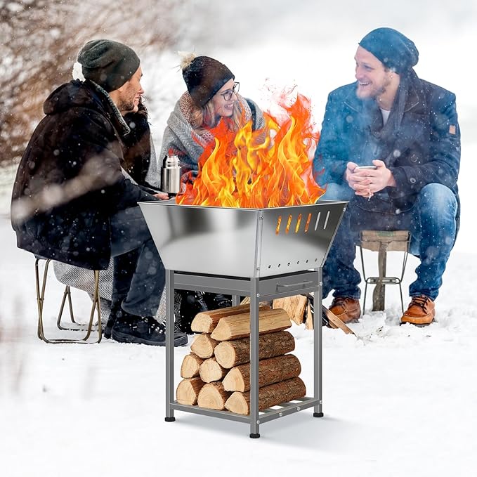 Stainless Steel Inch Square Wood Fire Pit with Grill, 2-in-1 Outdoor Firepit with Ash Pan and Wood Storage, Portable for Backyard, Patio, Camping Use