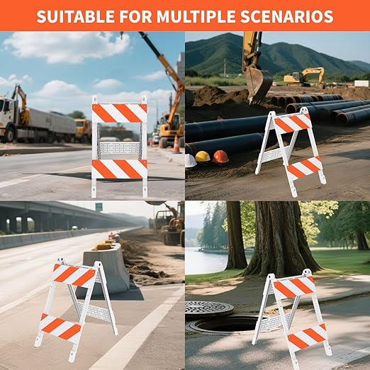 Type II Foldable Traffic Barricade, 1 Pack with Four 8"x24" Panels with Film, Folding Road Safety Barrier for Construction Zones and Traffic Control
