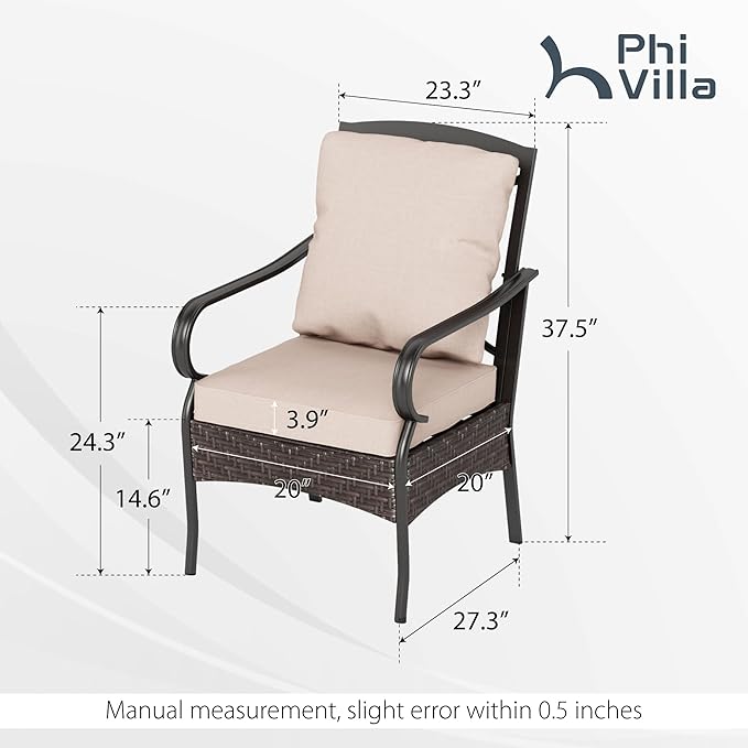 PHI VILLA Patio Chairs Set of 2, Heavy Duty Outdoor Metal Wicker Dining Chair with Thick Cushions, Large All Weather Wrought Iron Deck Chair for Outisde, Porch Backyard, Support 300lbs