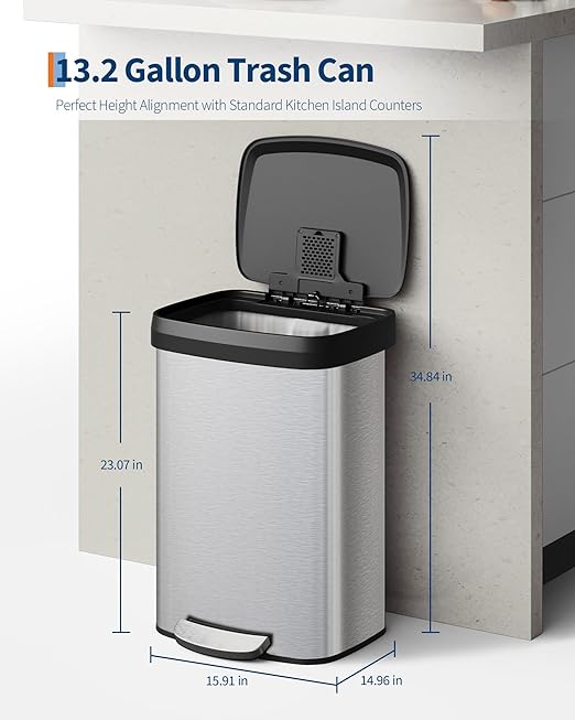 Garvee 13 gal / 50 L Stainless Steel Trash Can with Lid, Large Garbage Can for Kitchen, Rustproof Step-on Kitchen Metal Trash Bin with Liner Rim, Rear Handle, Soft Close Plastic Lid, Silver