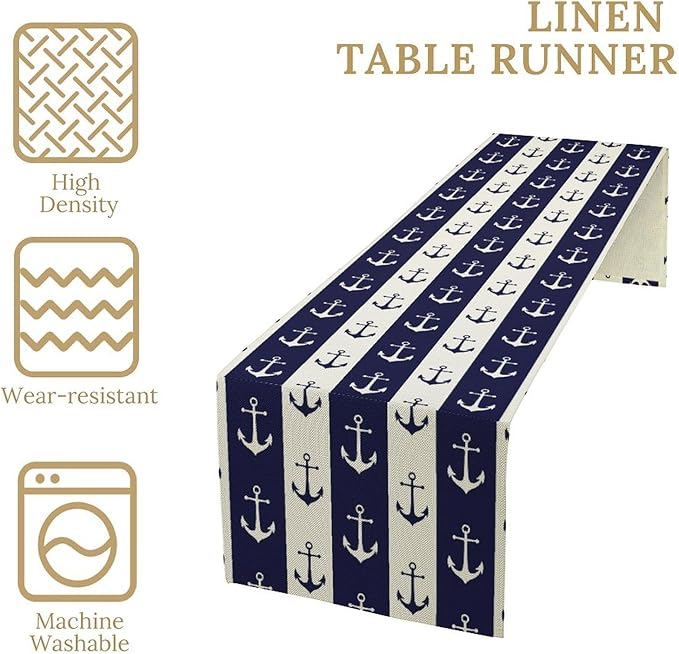Nautical Anchor Table Runner, Ocean Beach Coastal Beach Stripe Background Theme Table Runner for Dining Kitchen Party Holidays Home 13x120in