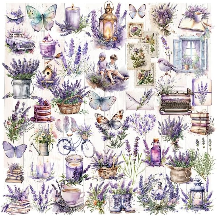 Vintage Vellum Stickers Floral Plants Elements Scrapbooking Supplies Flowers Botanic Natural Translucent Paper Self-Adhesive Junk-Journal Items (Lavender)