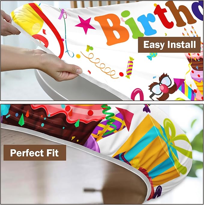 Birthday Round Fitted Tablecloth with Elastic Colorful Happy Birthday Party Circle Table Cover for 36-40" Round Tables Wipeable Waterproof Cake Balloons Gifts Table Cloth for Picnic Dining Patio Decor