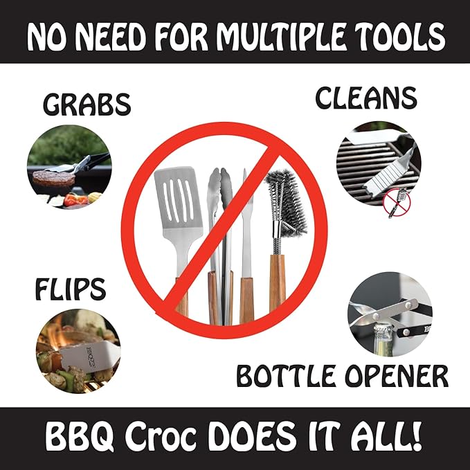 3-in-1 Barbecue Tool 21-inch by BBQ Croc - Extra Light and Xtra Long Tongs, Spatula and Grill Scraper (Black)