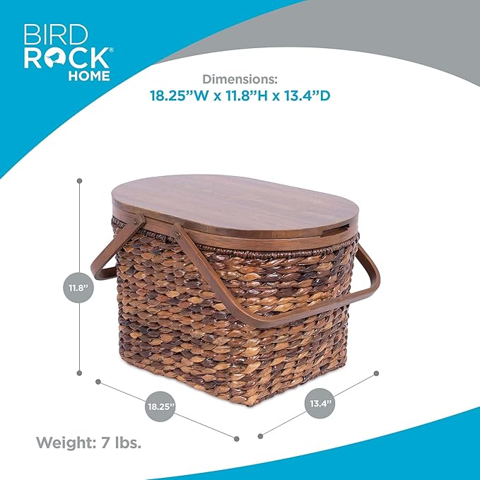 BirdRock Home Seagrass and Abaca Picnic Basket with Wood Lid | Hand Woven | Espresso | Decorative Latch | Wooden Top | Home Décor | Folding Handles
