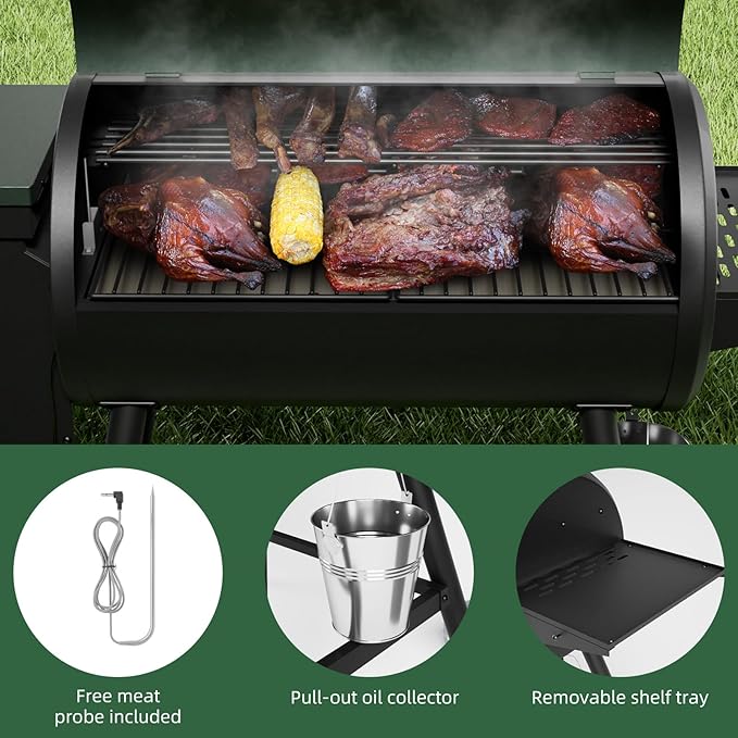 Wood Pellet Smoker BBQ Grill with Latest PID Technology LCD Controller 565 SQ.IN Cook Area 8 In 1 Pellet Grill with Auto Temperature Control and Meat Probe for Home Party Outdoor