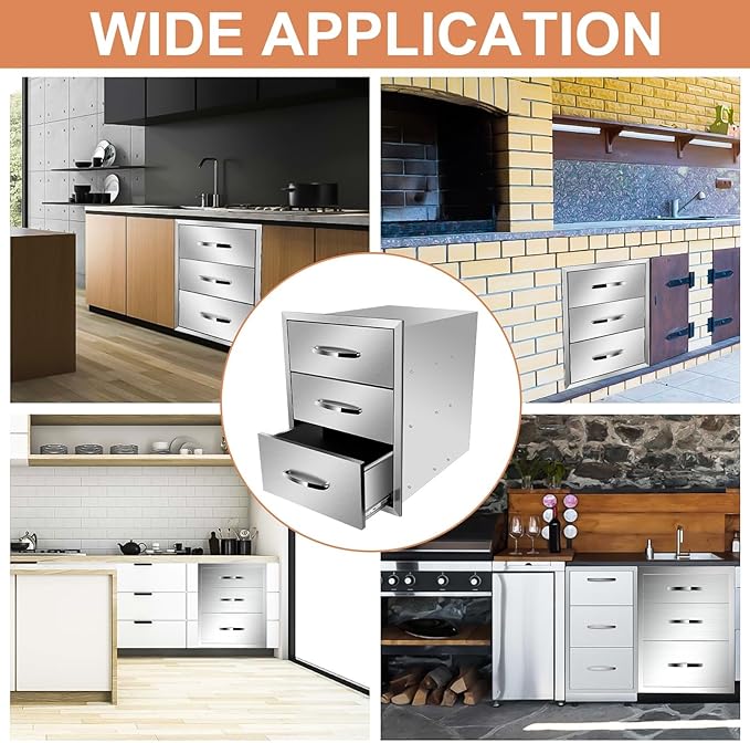 Outdoor Kitchen Drawers, Box Frame Style Flush Mount BBQ Drawer w/Stainless Steel Handle, BBQ Island Drawers For Patio Grill Station,Three Drawers
