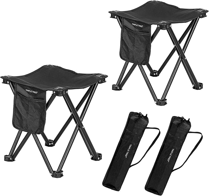 Triple Tree 2 Pack Folding Camping Stool, 13.8 Inch Small Portable Lightweight Stool with Side Pocket, Foot Stool with Carry Bag for Hiking, Fishing and Beach, Hold up to 400lbs, Black