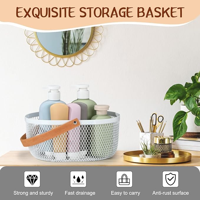 Maxcheck 4 Pcs Oval Metal Wire Storage Basket with Handle for Gathering Vegetables Multi Functional Mesh Basket for Kitchen Bathroom Picnic Home, 10.24 x 7.68 Inch(White)