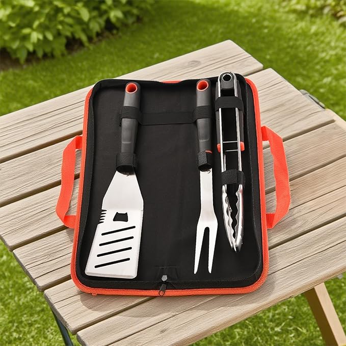 BBQ Tools Set, 4 PCS Heavy Duty Stainless Steel Spatula, Fork, Tongs with Portable Bag, Essential Accessories for Barbecue Outdoor Grill, Grilling Gifts for Men Dad Camp Chef