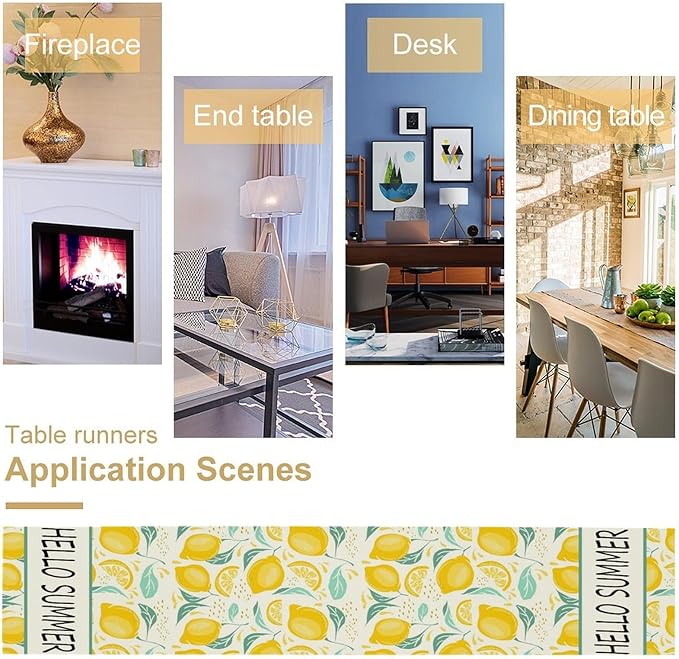 Spring Yellow Lemon Table Runner, Hello Summer Seasonal Exotic Fresh Fruits Plants Branch Leaves Print Table Cover for Farmhouse Kitchen Table Party Decor, 13x90inch